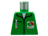 Green LEGO minifigure torso 973px19 with black zippered Octan jacket pattern, including a pen and logo prints.