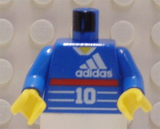 Blue LEGO minifigure torso with white Adidas logo, red stripe, number 10, blue arms, and yellow hands.