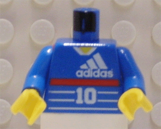 Blue LEGO minifigure torso with white Adidas logo, red stripe, number 10, blue arms, and yellow hands.