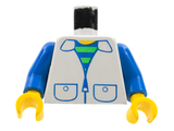 LEGO 973px28c01 torso: white jacket with striped undershirt, blue zipper, pockets, blue arms, yellow hands.