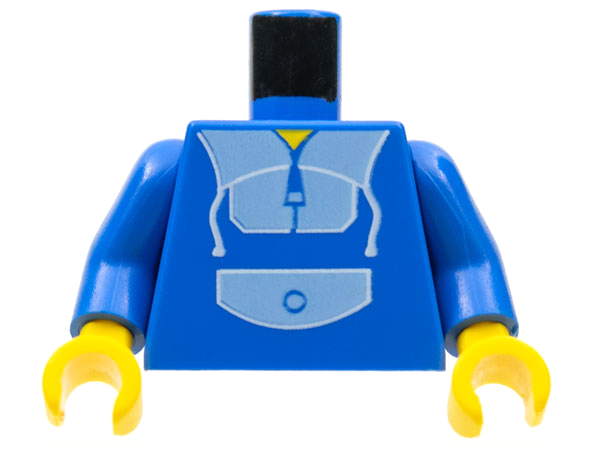 Blue LEGO minifigure torso with light blue jogging suit pattern, black neck peg, blue arms, and yellow hands.
