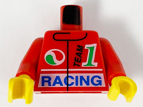 Red LEGO minifigure torso with Octan logo, black 'TEAM', green '1', blue 'RACING' text, red arms, and yellow hands.