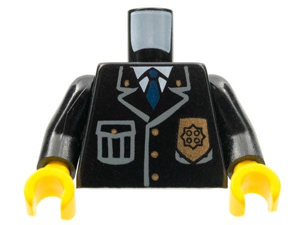 Black LEGO torso with police jacket pattern, white shirt, blue tie, gold badge, left pocket, black arms, yellow hands.
