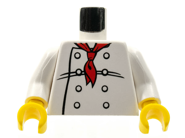 White LEGO chef torso featuring a red neckerchief, eight black buttons, black coat details, white arms, and yellow hands.