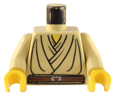 LEGO 973px58c01 tan torso with black layered shirt pattern, yellow V-neck, brown belt pattern, tan arms, and yellow hands.