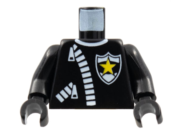 Black LEGO minifigure torso, police leather jacket print with thick white zippers, shield badge with yellow star, light grey neck.