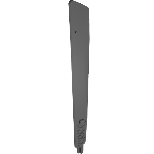 Dark gray LEGO Propeller 1 Blade 16L with Axle, also known as a sword blade, featuring a hole and textured grip.