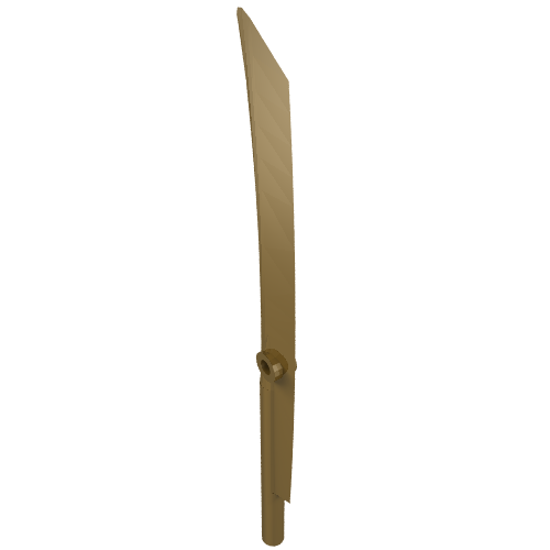 A tan LEGO 98137 Propeller 1 Blade 10L with Bar, also known as a Sword Blade, shown vertically.