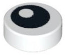 White LEGO round 1x1 tile with a black eye pattern and a small white pupil.