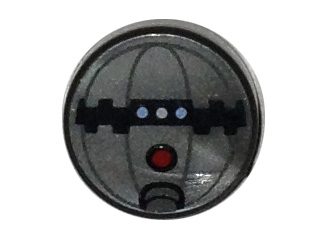 Grey round 1x1 LEGO tile with Star Wars Thermal Detonator pattern. Features a black horizontal band, three light blue dots, and a red button.