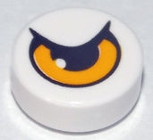 LEGO 98138pb017 round 1x1 white tile with a bright light orange eye and dark blue partially closed eyelid pattern.
