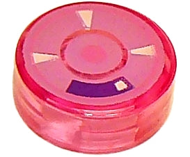 Trans-pink round 1x1 LEGO tile featuring a central circle, three outward-pointing white triangles, and a purple bar pattern.