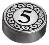 Round silver LEGO tile with a black number 5 in the center, surrounded by an ornate scroll pattern.