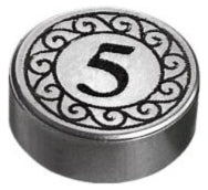 Round silver LEGO tile with a black number 5 in the center, surrounded by an ornate scroll pattern.