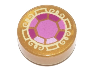 A round, gold LEGO 1x1 tile with a bright pink, dark pink, and magenta faceted jewel pattern and a cream ornate border.