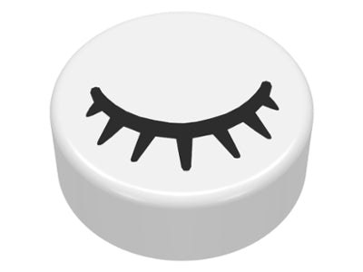 LEGO 98138pb028 white round 1x1 tile featuring a black closed eye pattern with seven eyelashes.