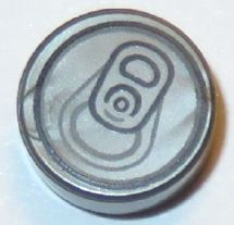 Round 1x1 LEGO tile with a detailed silver soda pop can top pattern, showing the pull tab and opening.