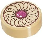Round 1x1 tan LEGO tile with a cookie pattern, featuring a magenta center and tan frosting swirls with small dots.