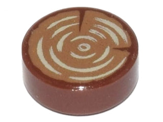 A round, brown LEGO 1x1 tile featuring a printed pattern of light brown tree stump or wood log grain on its top surface.