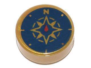Round 1x1 tan LEGO tile with a dark blue compass rose pattern, gold accents, and a red needle pointing North.