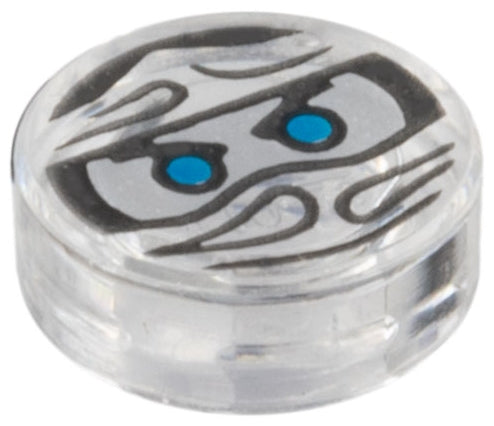 Clear round LEGO 1x1 tile with Ninjago Trapped Zane pattern, featuring a white face, black lines, and bright blue eyes.