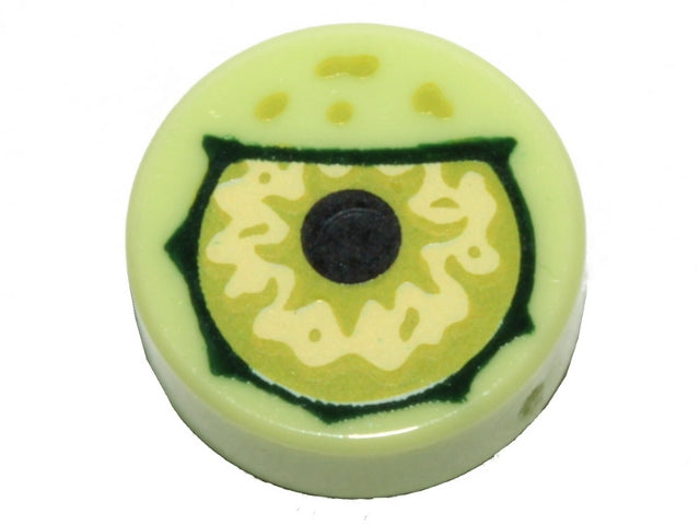 LEGO 1x1 round tile, light green, with lime eye and black pupil partially closed pattern.