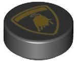 Dark gray LEGO round 1x1 tile with a gold Lamborghini bull logo pattern.