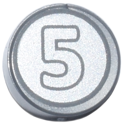 LEGO 98138pb174 round 1x1 silver tile with dark bluish gray outlined number 5 on a silver background.