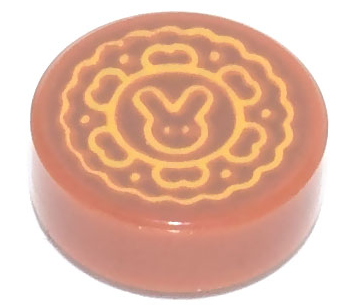 LEGO 98138pb286 1x1 round reddish-brown tile with bright light orange moon cake and bunny face pattern.