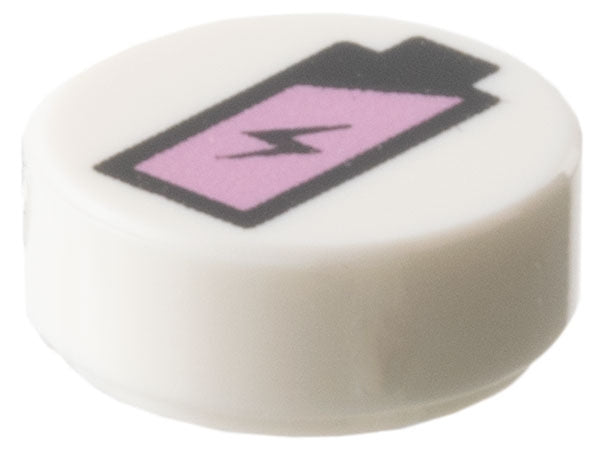 LEGO 98138pb396: Round 1x1 white tile with black outline battery and metallic pink charge symbol.