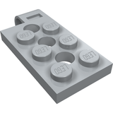 Top view of a light gray LEGO 98286 Hinge Plate 2x4 with a pin hole and three additional holes, with visible studs.