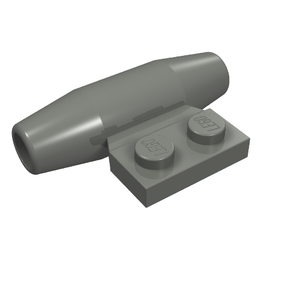 Dark gray LEGO part 98302, a small smooth engine piece attached to a 1x2 plate with two studs.