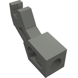 Grey LEGO 98313 mechanical arm part, 3D render, with a rectangular base and a slotted arm.