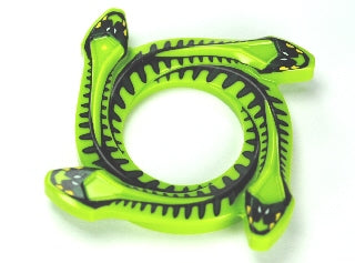 Bright green LEGO Ninjago spinner crown ring with four snake heads, black and dark green scales pattern, and 2x2 hole.