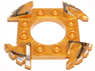 Pearl gold LEGO Ninjago spinner crown, a 4x4 ring with a 2x2 hole and four serrated ends with black and silver patterns.
