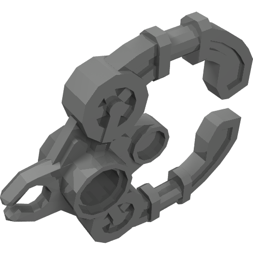 Gray LEGO Hero Factory Weapon 98562, resembling a stylized handcuff or claw, rendered in 3D with low-poly detail.