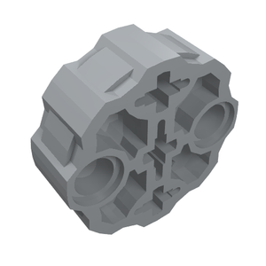 Gray LEGO Technic Axle Connector Block, round, featuring two pin holes and three axle holes.