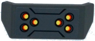 LEGO 98834pb08 dark gray vehicle spoiler with bar handle, black lines, and yellow-orange dots pattern sticker.