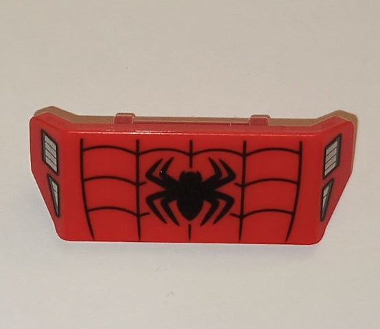 Red LEGO vehicle spoiler with black spider and web pattern on front, silver grille patterns on sides.