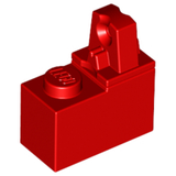 A red LEGO 989c01 Hinge Brick 1 x 2 Locking with 1 Finger Top, viewed from an angled perspective.