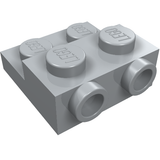 Light grey LEGO 99206 plate special 2x2 with two studs on side and two raised. Angled view.
