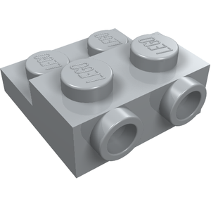 Light grey LEGO 99206 plate special 2x2 with two studs on side and two raised. Angled view.