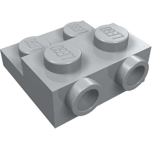 Light grey LEGO 99206 plate special 2x2 with two studs on side and two raised. Angled view.