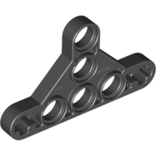 A dark gray LEGO Technic Modified Triangle Thin 3 x 5 with Short Supports part, angled view.