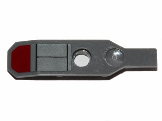 Dark gray LEGO Minifigure Utensil Ski part 99774pb01, with a dark red hexagonal pattern and two gray rectangles with black lines.