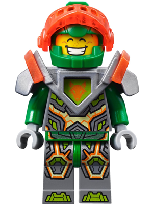 LEGO Aaron Fox minifigure wearing green suit, trans-neon orange visor, flat silver armor with fox emblem, and a happy face.