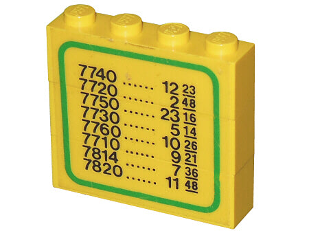 Yellow LEGO brick assembly (1x4x3) with a green-bordered sticker displaying a black train schedule with numbers and times.