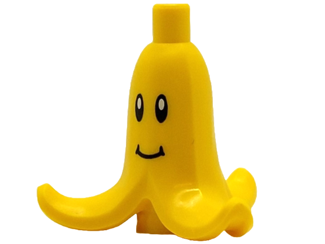 Yellow LEGO element shaped like a peeled banana, with black and white eyes and a grin pattern.