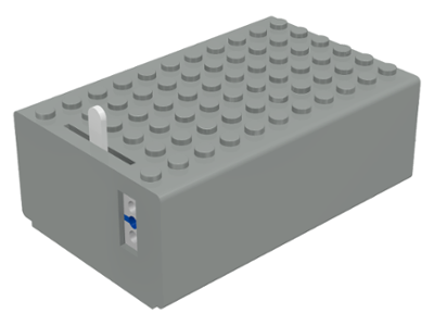 Gray LEGO 4.5V battery box with studs on top, a white power switch, and a blue connector port on the side.