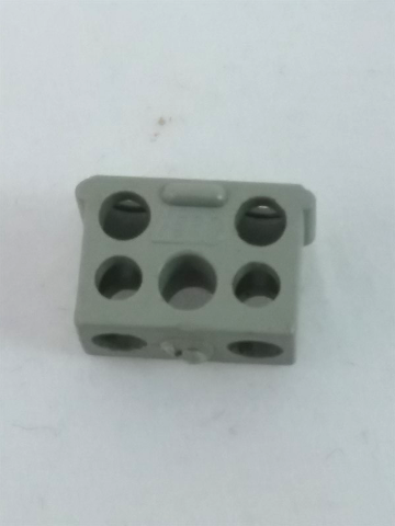 Light gray LEGO bb1136 electric connector, 2-way male, squared narrow long, with 6 holes on top and 3 holes on side.